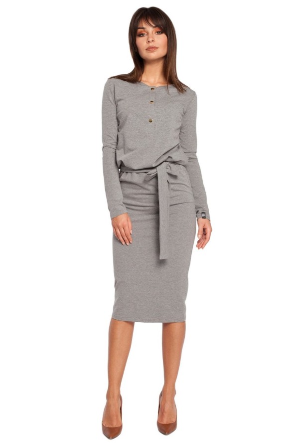 Sukienka bawełniana ołówkowa z wiązaniem w pasie szara