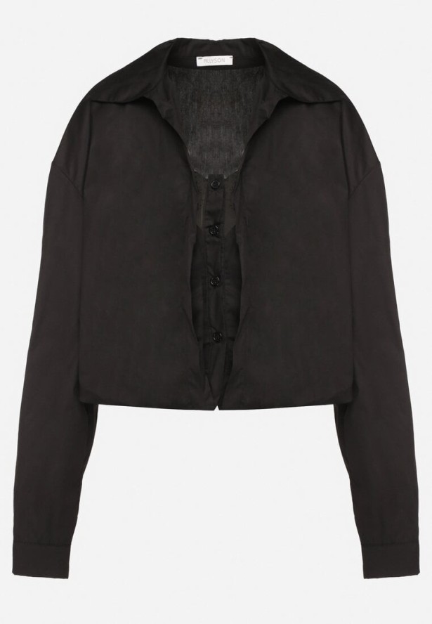 Czarna Bawełniana Koszula i Top na Ramiączkach Ozdobiona Koronką Odarriva