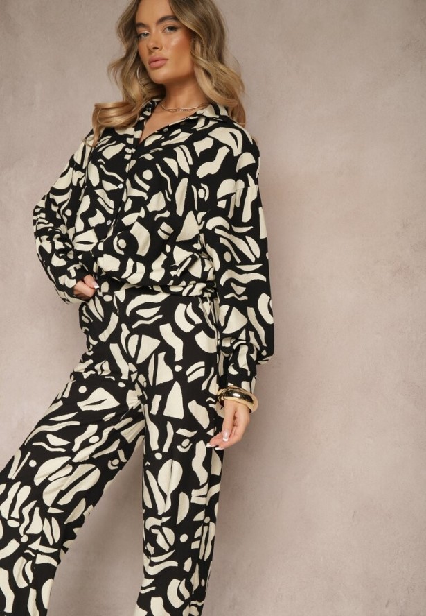 Czarny Komplet z Lnu i Wiskozy Koszula i Spodnie z Abstrakcyjnym Wzorem Paliris