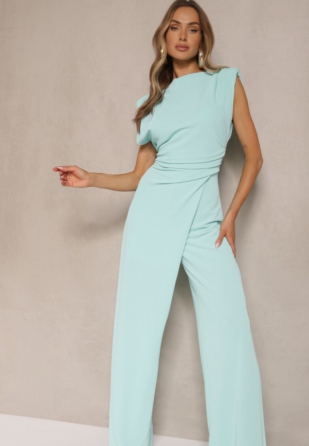 Jasnozielony Kombinezon Bez Rękawów z Szeroką Nogawką i Marszczeniem Sepellia