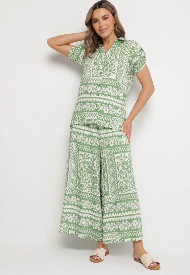 Jasnozielony Komplet z Wiskozą z Kwiatowym Motywem Koszula i Spodnie Sonaniella