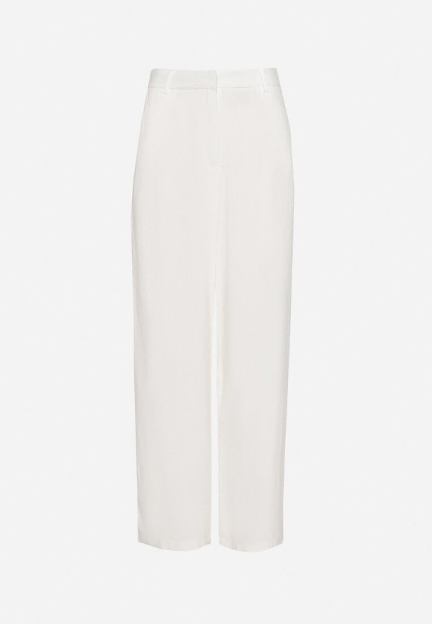 Białe Spodnie Wiskozowe z Lnem o Garniturowym Kroju Zapinane na Haczyk Folessa