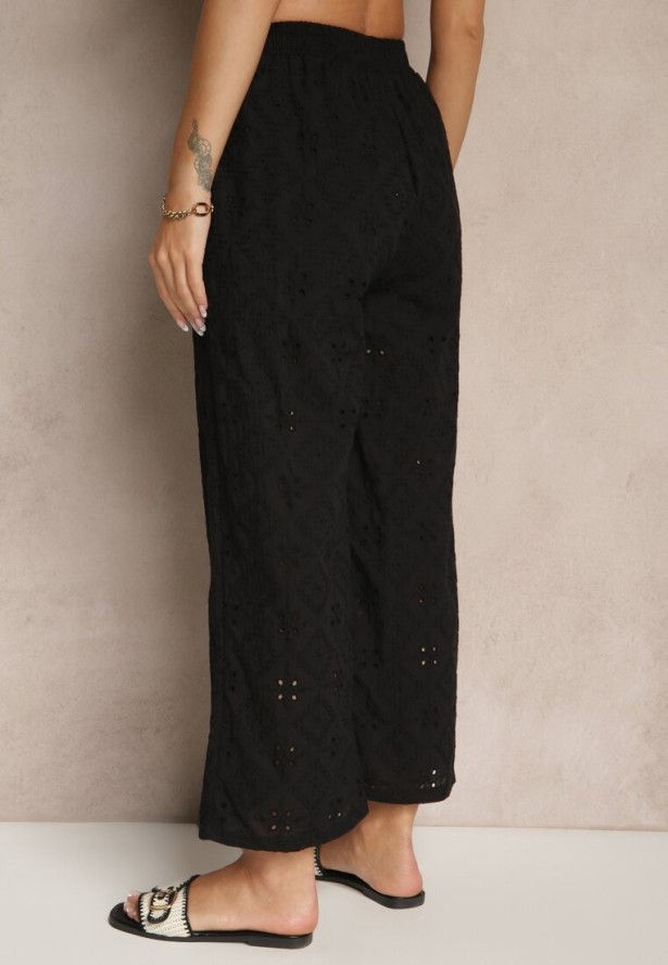 Czarne Spodnie High Waist z Bawełnianej Tkaniny Zdobionej Haftem Mevirona