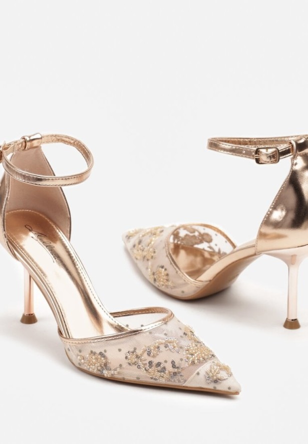 Szampańskie Sandały na Szpilce z Zapięciem na Sprzączkę i Ozdobną Siateczką Oliswena