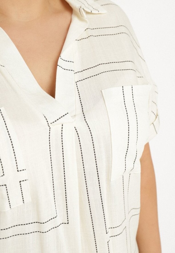 Jasnobeżowa Bluzka o Koszulowym Fasonie z Wiskozy w Geometryczny Print Ralozi