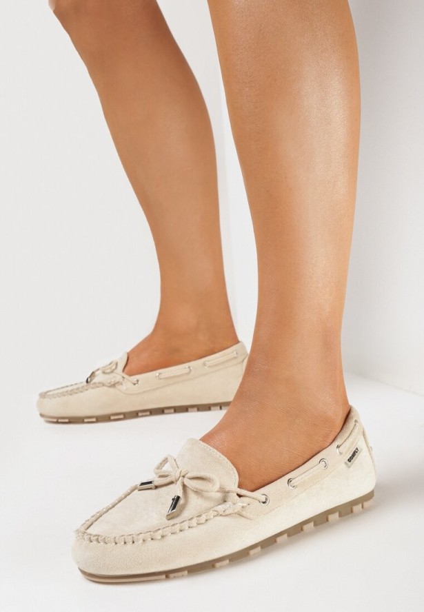 Beżowe Mokasyny z Ozdobną Kokardką i Wiązaniami po Bokach Vimedia