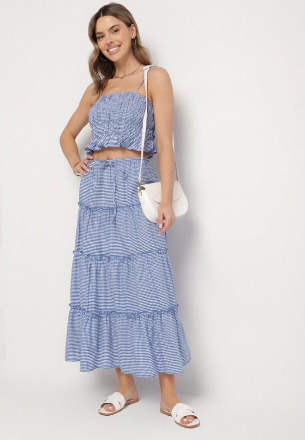 Niebieski Bawełniany Komplet w Kratkę Vichy Spódnica i Top Frolira