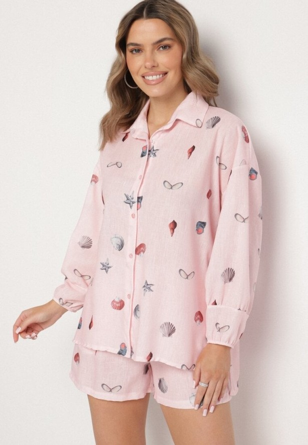 Różowy Komplet z Wiskozą Koszula i Szorty z Motywem Morskim Reivienne