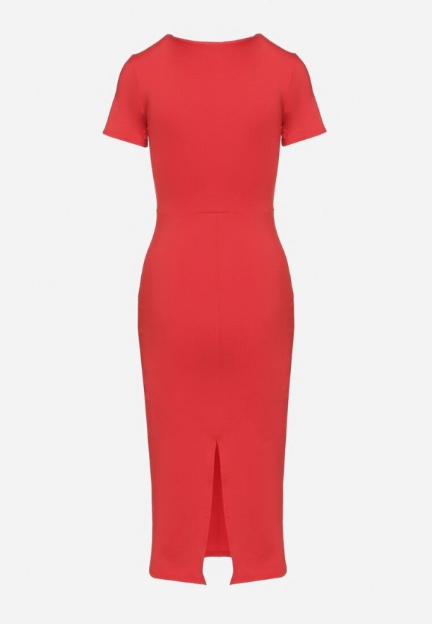 Czerwona Sukienka Dopasowana Bodycon z Dekoltem w Serek Efricene