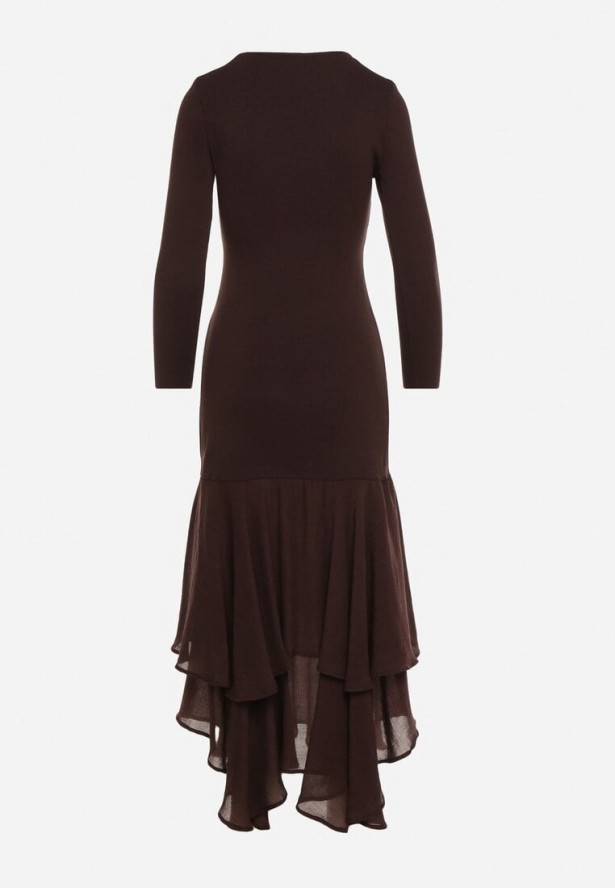 Brązowa Sukienka z Wiskozą o Dopasowanym Kroju z Falbanami u Dołu Vebmara