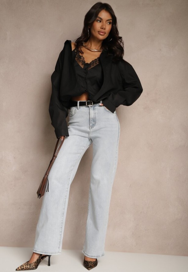 Czarna 2w1 Koszula z Bawełny i Top na Ramiączkach z Koronką Telowena