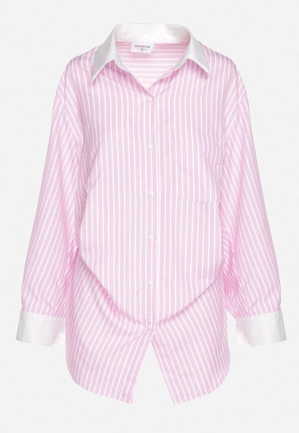 Różowa Koszula w Paski z Kontrastowymi Mankietami i Kołnierzykiem Zarona