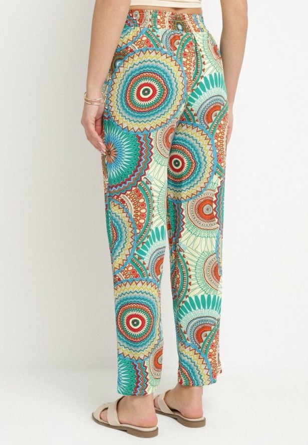Zielone Bawełniane Spodnie o Szerokim Kroju z Wysokim Stanem ze Wzorem Boho Zarrive