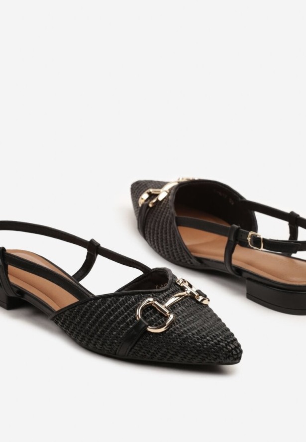 Czarne Sandały Slingback z Tweedowymi Zdobieniami i Metaliczną Aplikacją Annilena