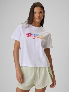 4F T-shirt boxy z nadrukiem damski - biały XL