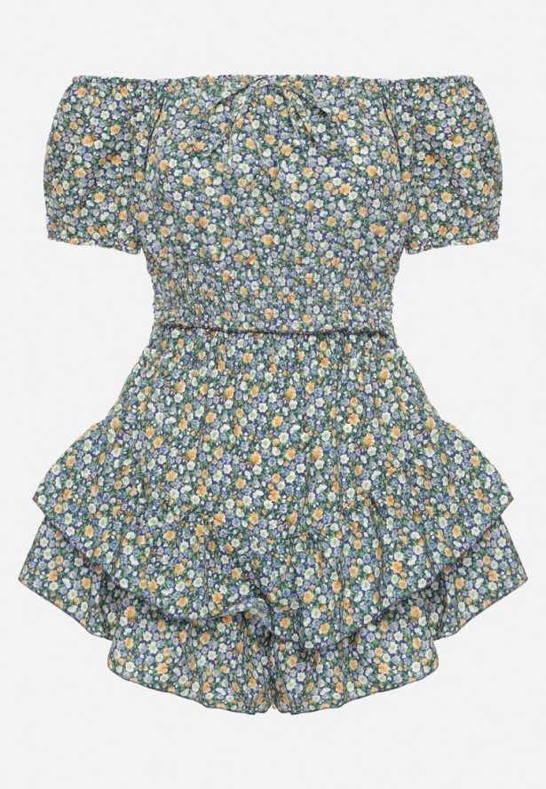 Granatowo-Zielony Komplet Bluzka Hiszpanka i Spódnico-Spodenki z Falbankami Sadelissea