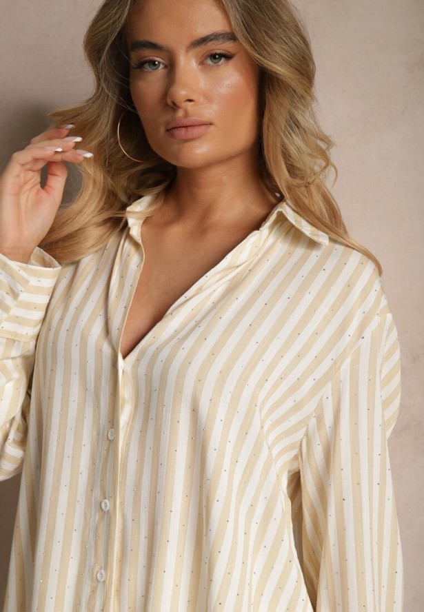 Jasnobeżowa Koszula z Bawełny w Pionowe Prążki z Cyrkoniami Jarilea
