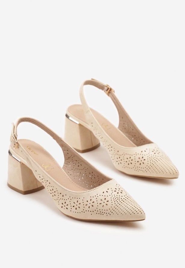 Beżowe Ażurowe Sandały Vices na Obcasie Bez Pięty ze Skórzaną Wkładką Iffilissea