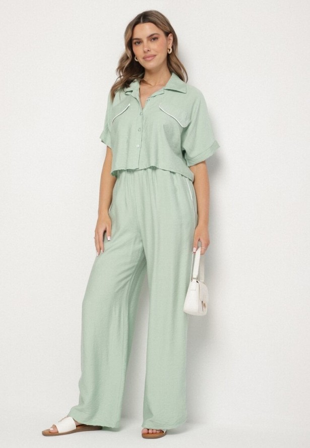 Jasnozielony Wiskozowy Komplet Krótka Koszula i Szerokie Spodnie Davitta