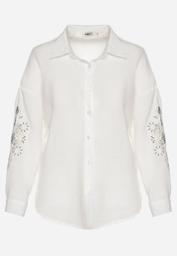 Biała Koszula o Kroju Oversize Zdobiona Haftem na Rękawach Dovorea
