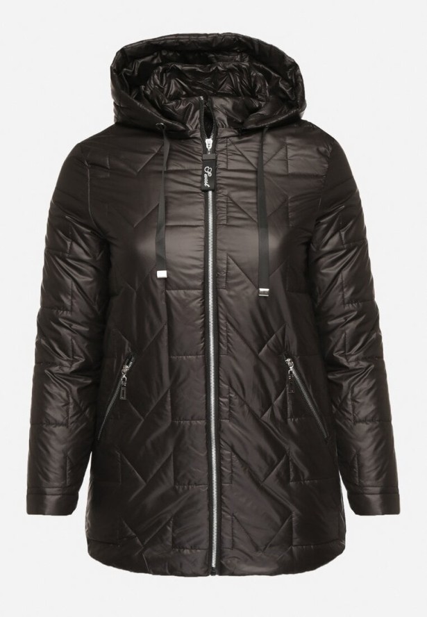 Czarna Pikowana Kurtka Ozdobiona Pikowaniem z Odpinanym Kapturem Falerosa