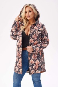 Lekka kurtka przejściowa SOFTSHELL z kapturem w kwiaty w odcieniach beżu i brzoskwini OVERSIZE PLUS SIZE XXL JESIEŃ