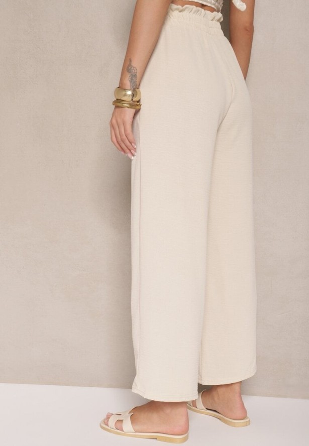 Beżowe Spodnie z Wiskozą o Szerokim Kroju High Waist z Wiązaniem Ivelwia