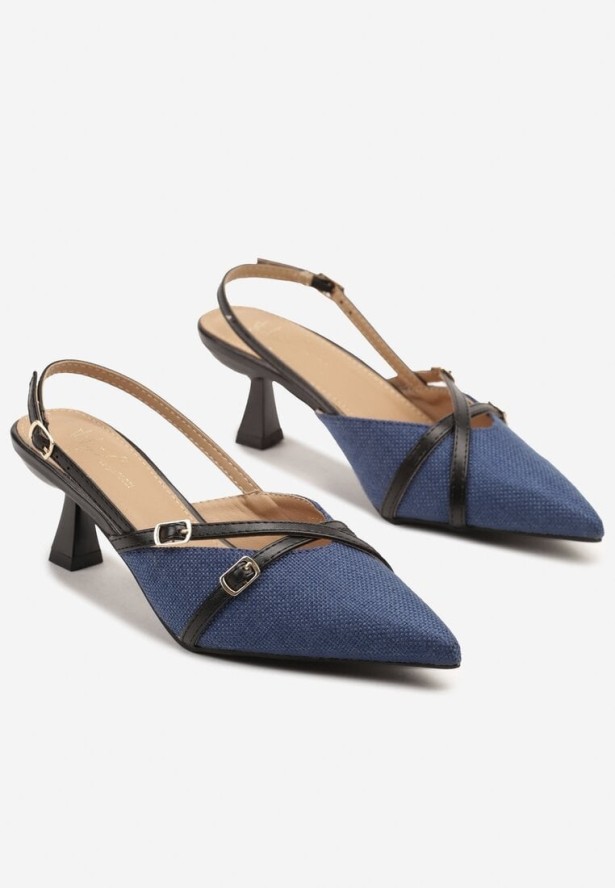 Niebiesko-Czarne Sandały Czółenka Slingback na Obcasie Kaczuszka z Paskami z Klamerkami Arivella