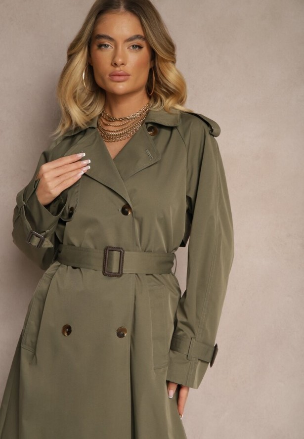 Ciemnozielony Płaszcz Trencz Dwurzędowy z Paskiem Lene