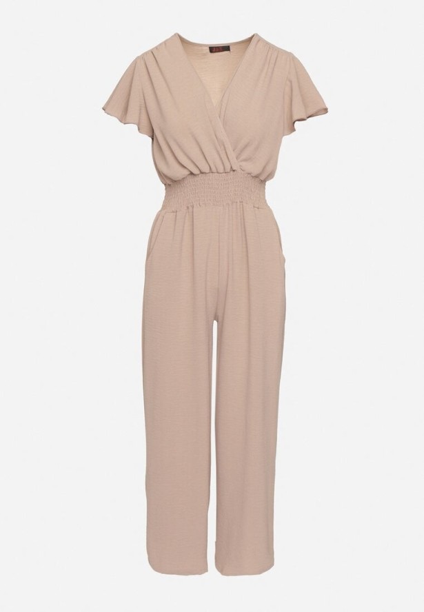 Beżowy Kombinezon z Kopertowym Dekoltem i Szeroką Gumką w Pasie Evimevi