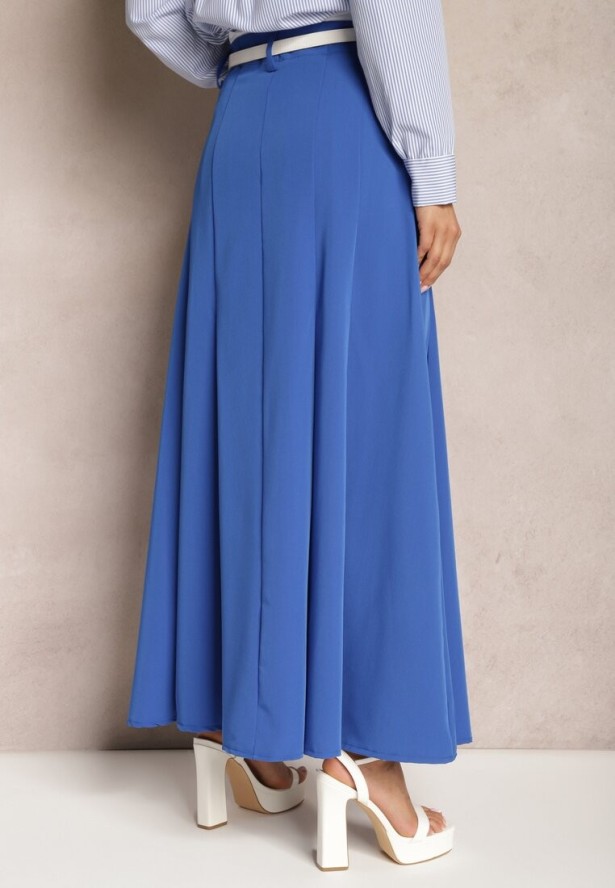 Niebieska Spódnica Długa Rozkloszowana High Waist Leoraia