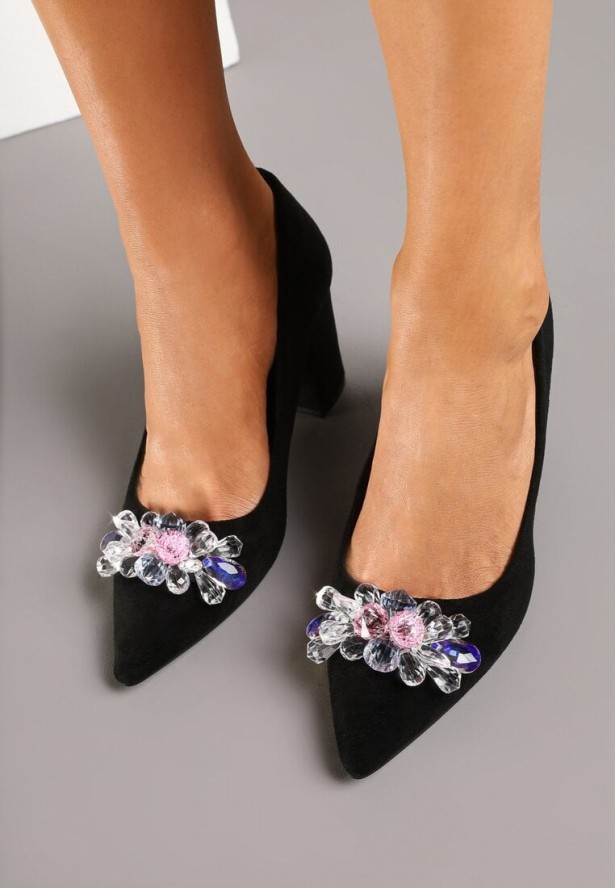 Czarno-Srebrne Czółenka Ozdobione Kryształkami na Słupku ze Szpiczastym Noskiem Isanile