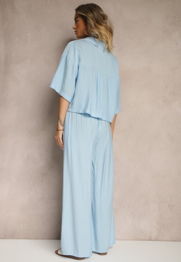 Niebieski Komplet z Wiskozy o Kroju Oversize Koszula i Spodnie Dovaraella