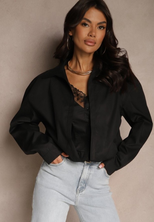 Czarna 2w1 Koszula z Bawełny i Top na Ramiączkach z Koronką Telowena