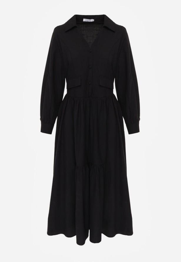 Czarna Rozkloszowana Sukienka Koszulowa z Bawełny i Wiskozy Zdobiona Klapami Gleta