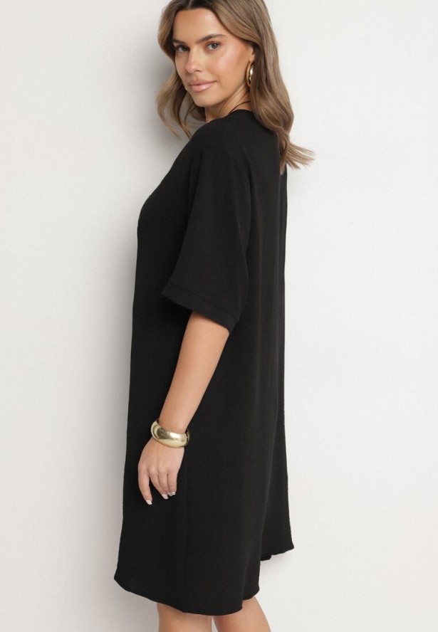 Czarna Sukienka Pudełkowa z Guzikami i Ozdobnymi Haftami Jenivanea