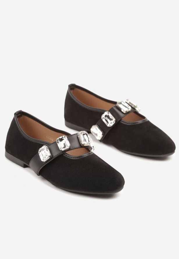 Czarne Balerinki z Elastycznym Paskiem i Aplikacją z Cyrkoniami Jaledia