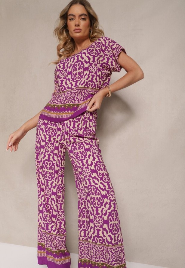 Fioletowy Komplet Spodnie i Bluzka z Bawełny w Ornamentalny Print Nanitria