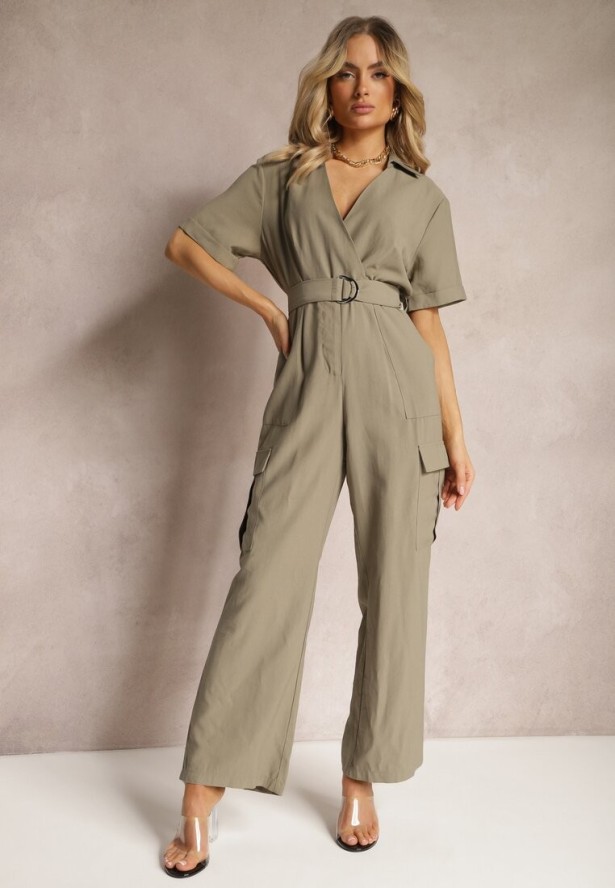 Ciemnozielony Długi Kombinezon w Stylu Utility z Kieszeniami Cargo Paskiem i Kołnierzykiem Qillilena