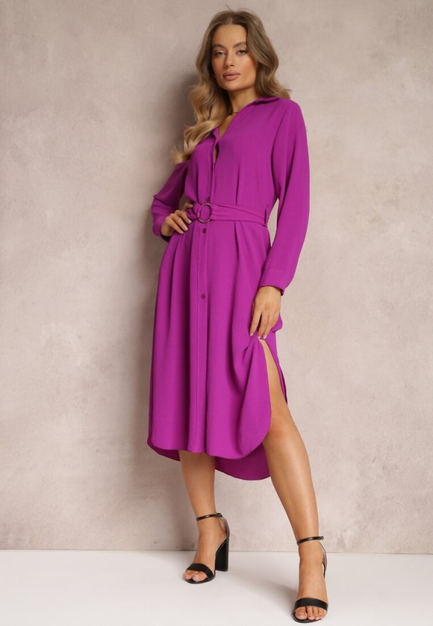 Fioletowa Sukienka Koszulowa z Paskiem Vartivar