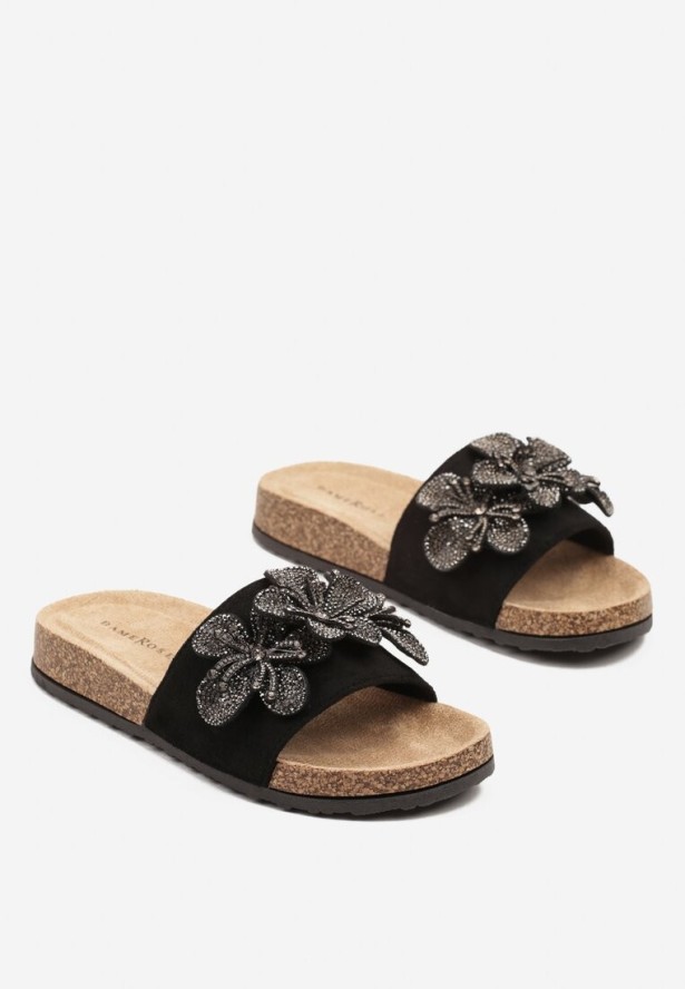 Czarne Klapki Ozdobione Aplikacjami Kwiatów i Cyrkoniami Lilima
