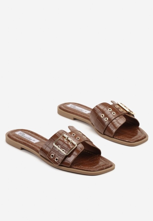 Brązowe Klapki z Nitami Paskiem i Klamrą Novolise