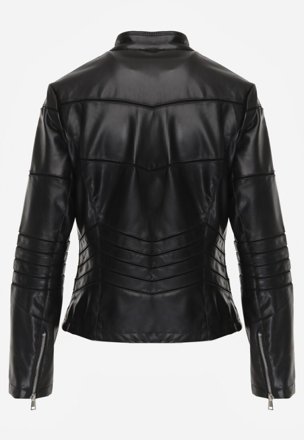 Czarna Kurtka Ramoneska z Geometrycznymi Przeszyciami Besilda