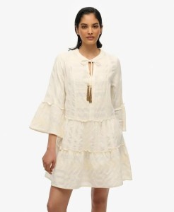 superdry Sukienka mini Ibiza Ls warstwowa, 100% bawełna – Dusty Ecru