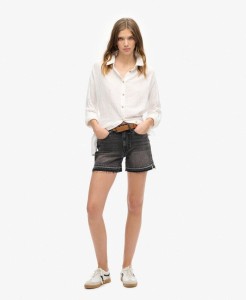 superdry Mid Rise Cut Off Szorty denim w postarzanym stylu – Wolcott Black Stone