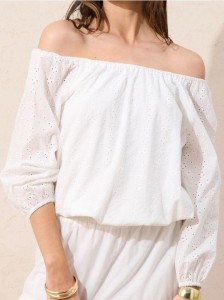 Bawełniana bluzka hiszpanka z ażurowym wzorem - kremowy