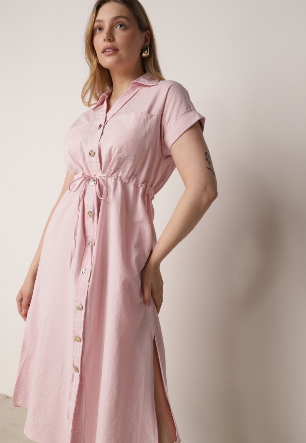Różowa Sukienka Koszulowa z Bawełną Wiskozą i Ozdobnymi Guzikami Parranes