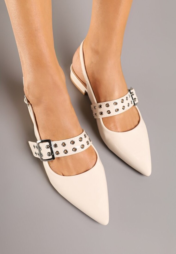 Beżowe Sandały z Odkrytą Piętą i Noskiem w Szpic Zdobione Paskiem z Klamrą Pollione