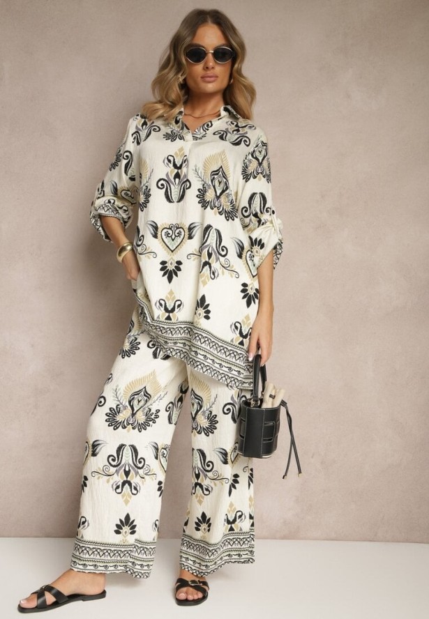 Beżowo-Czarny Komplet z Wiskozą Szerokie Spodnie i Bluzka w Stylu Boho Rinadora