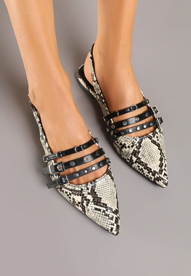 Czarno-Beżowe Wężowe Sandały Slingback ze Szpiczastym Noskiem Zdobione Paskami z Klamerkami Voseira